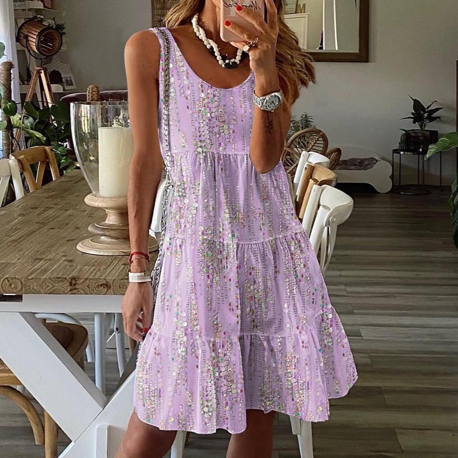 Spring and Summer New Casual and Fashionable Floral Print Loose Round Neck Sleeveless Mid Length Dress