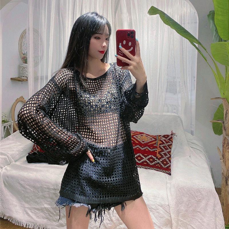 Plus Size Hollow Sweater Women's Black Fishnet Yarn Top Sweater Women's Loose Pullover Knitting