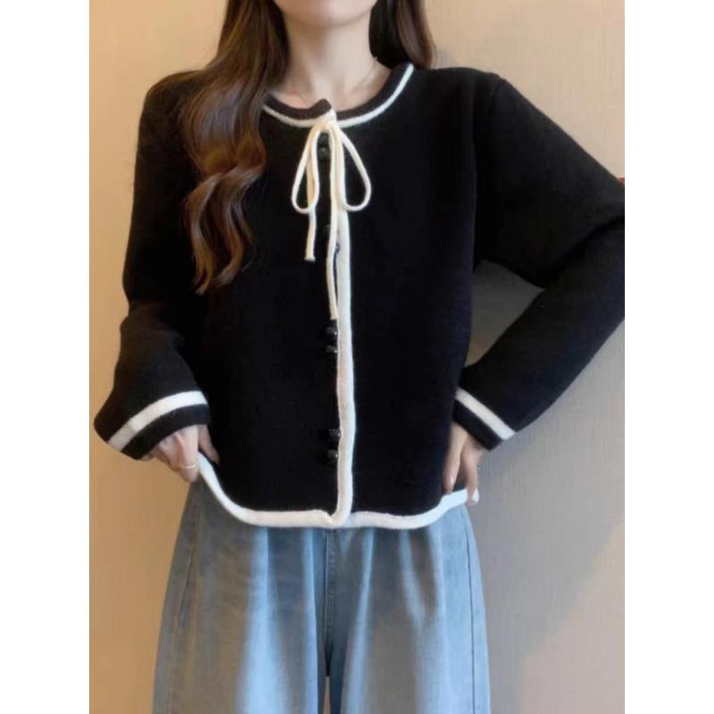 Autumn and Winter New Bow-tie Knitted Cardigan Women's Soft Waxy Loose Age-reducing Single-breasted Sweater Jacket