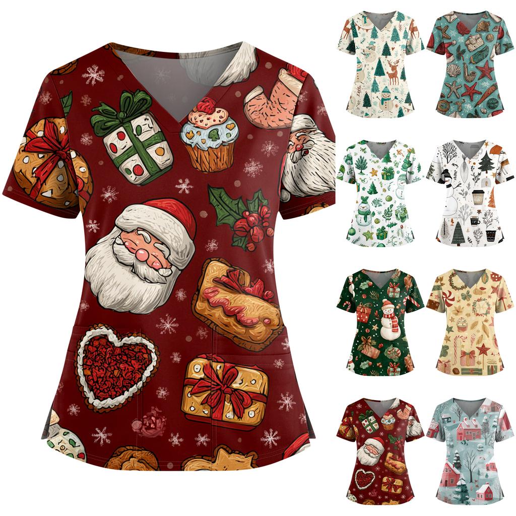 Women's Christmas Print V-Neck Double Pocket Short Sleeves Hem Slit Uniform And Caregiver Top