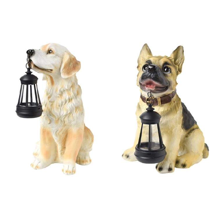 Outdoor Decors Garden Statue Cute Dog Figurine with Solar Light Waterproof Sculpture Gift for Patio Yard Porch