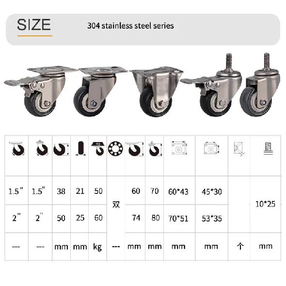 2inches Casters wheels with 304 stainless steel frame Polyurethane tread mute No rust For Humid environment IndustrialPU casters