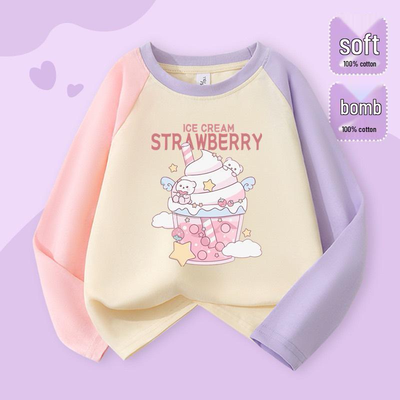 2025 Милая мультяшная футболка с длинным рукавом реглан в цветной блок для девочек