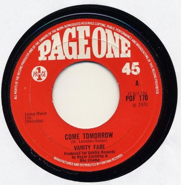 7-дюймовая пластинка VANITY FARE Come Tomorrow POF170 Page One 1970 Великобритания Поп Б/у