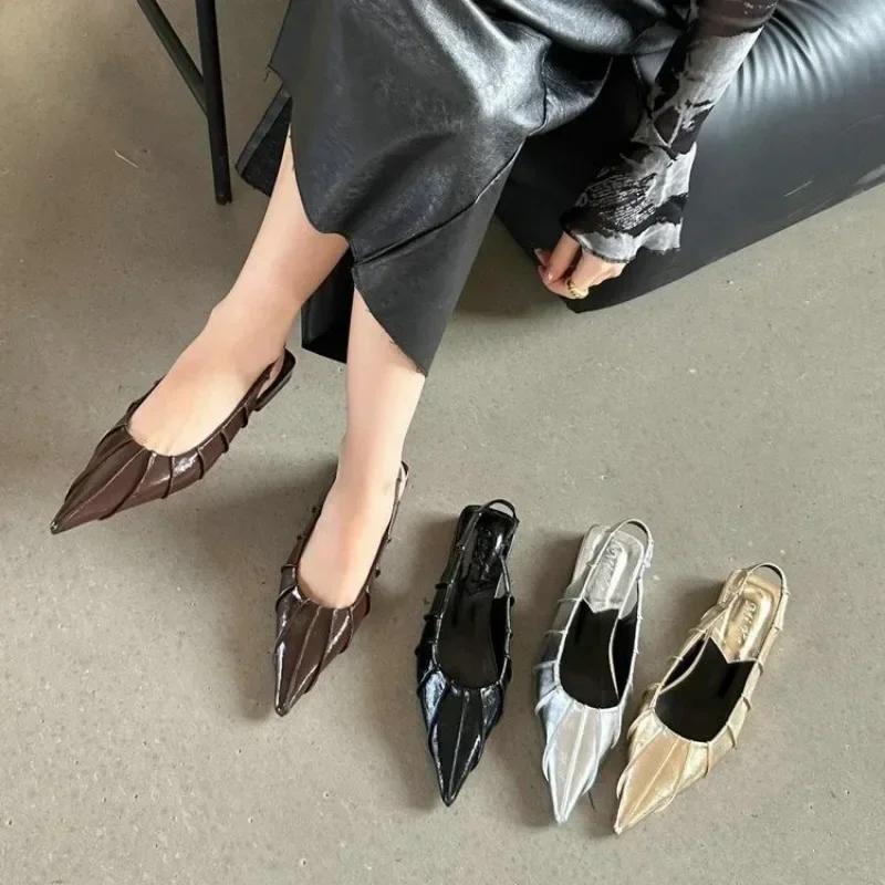 Fashion 2024 New Spring and Summer Fold Half Drag Flat Shallow Mouth Pointed Sandals Soft Flat Shoes Women's Single Shoes