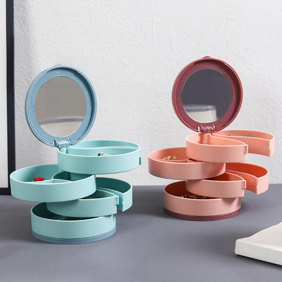 Коробка для хранения ювелирных изделий Пластиковая Многослойная Пылезащитная Влагозащищенная Вращающаяся на 360 градусов Органайзер для ювелирных изделий со встроенным зеркалом