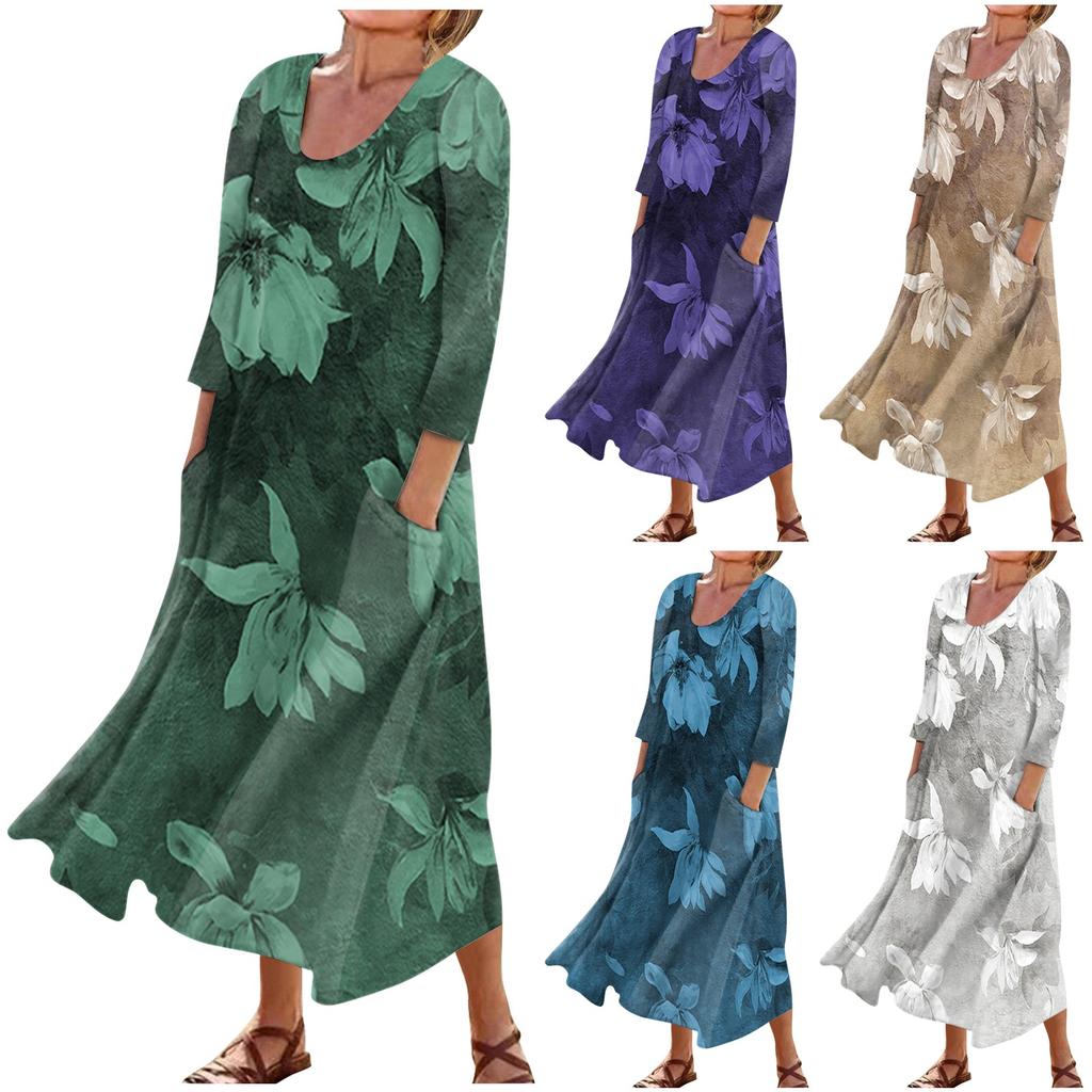 Летнее платье для женщин, повседневное удобное модное платье с карманом и рукавами 3/4 с принтом
