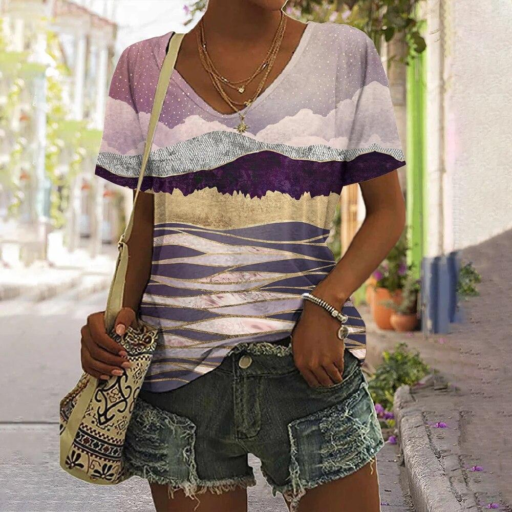 Полосатая футболка для женщин, новая простая одежда, повседневная футболка с v-образным вырезом и короткими рукавами, женская футболка в стиле Харадзюку в стиле ретро с принтом, летняя