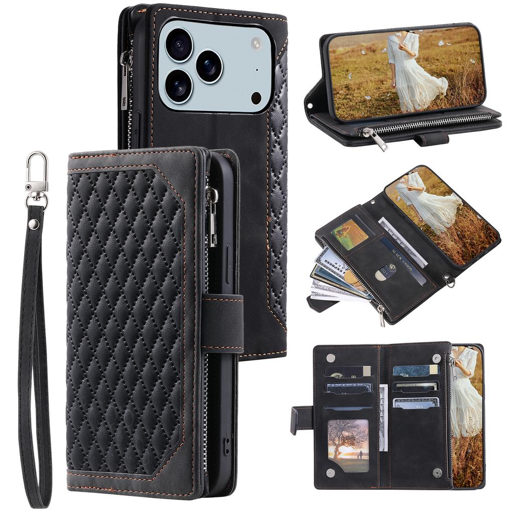 Чехол-кошелек для iPhone 17 Pro Max, ромбовидная строчка, чехол для телефона из ПУ кожи с ремешком на запястье