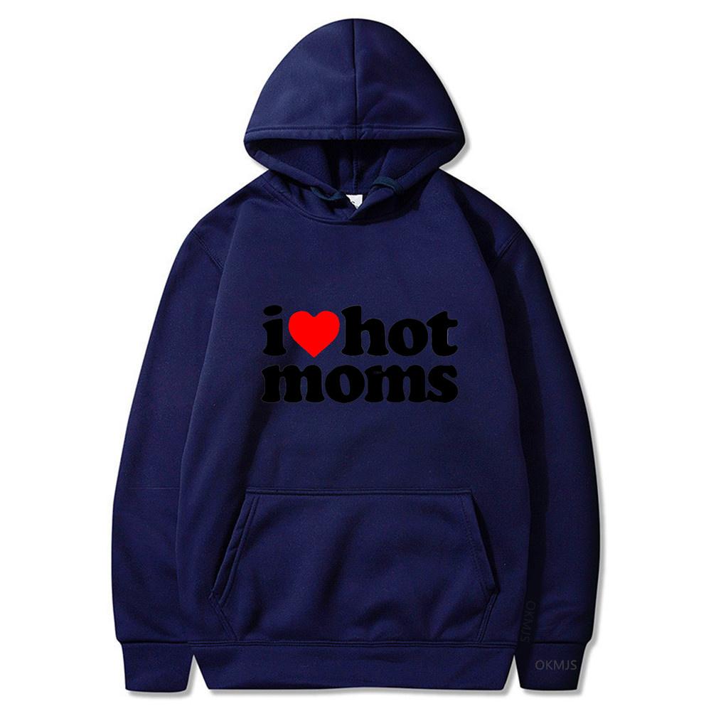Толстовки унисекс с капюшоном I Love Hot Moms, забавные толстовки с красным сердцем Love Moms, женская толстовка унисекс, повседневный пуловер большого размера, одежда унисекс