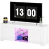 TV Cabinet With LED Lighting 2 Cabinet Doors Glass Shelf Cable Holes For Living Room Particle Board White