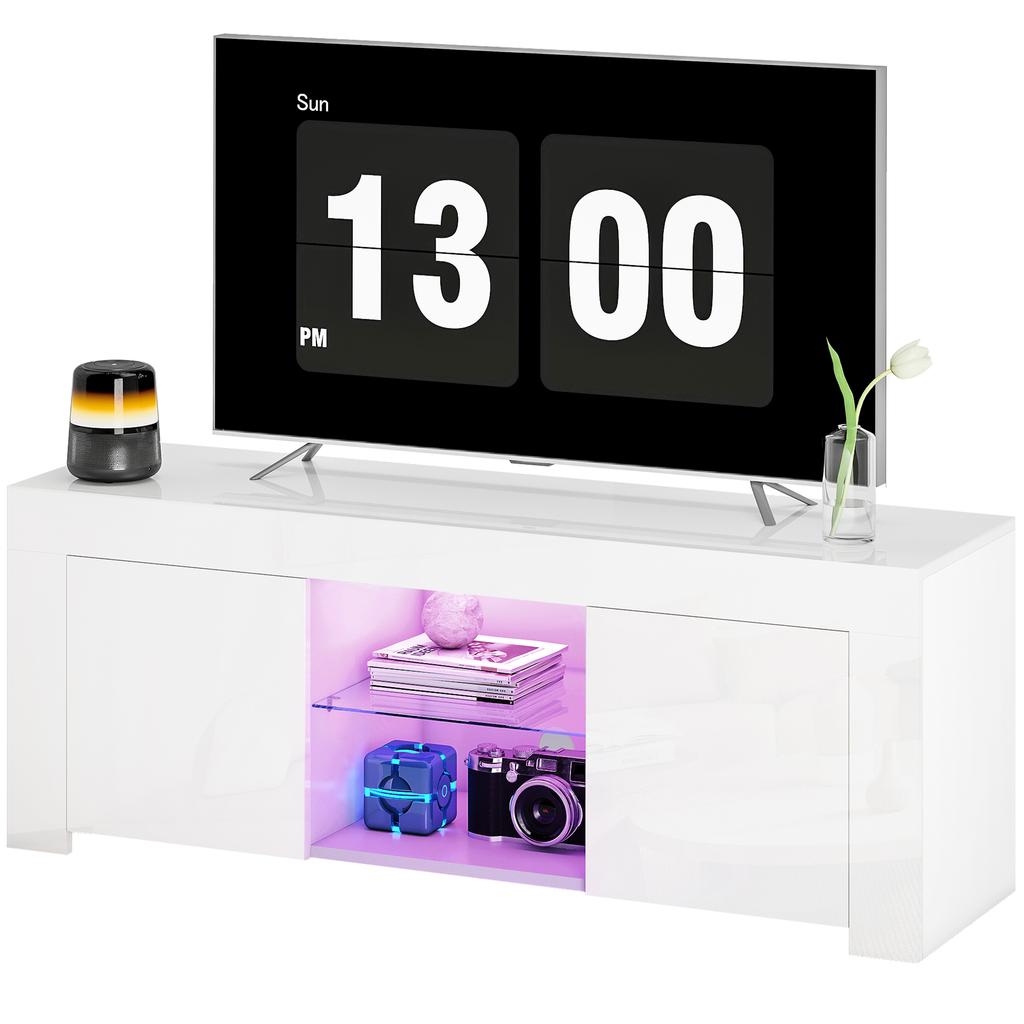 TV Cabinet With LED Lighting 2 Cabinet Doors Glass Shelf Cable Holes For Living Room Particle Board White