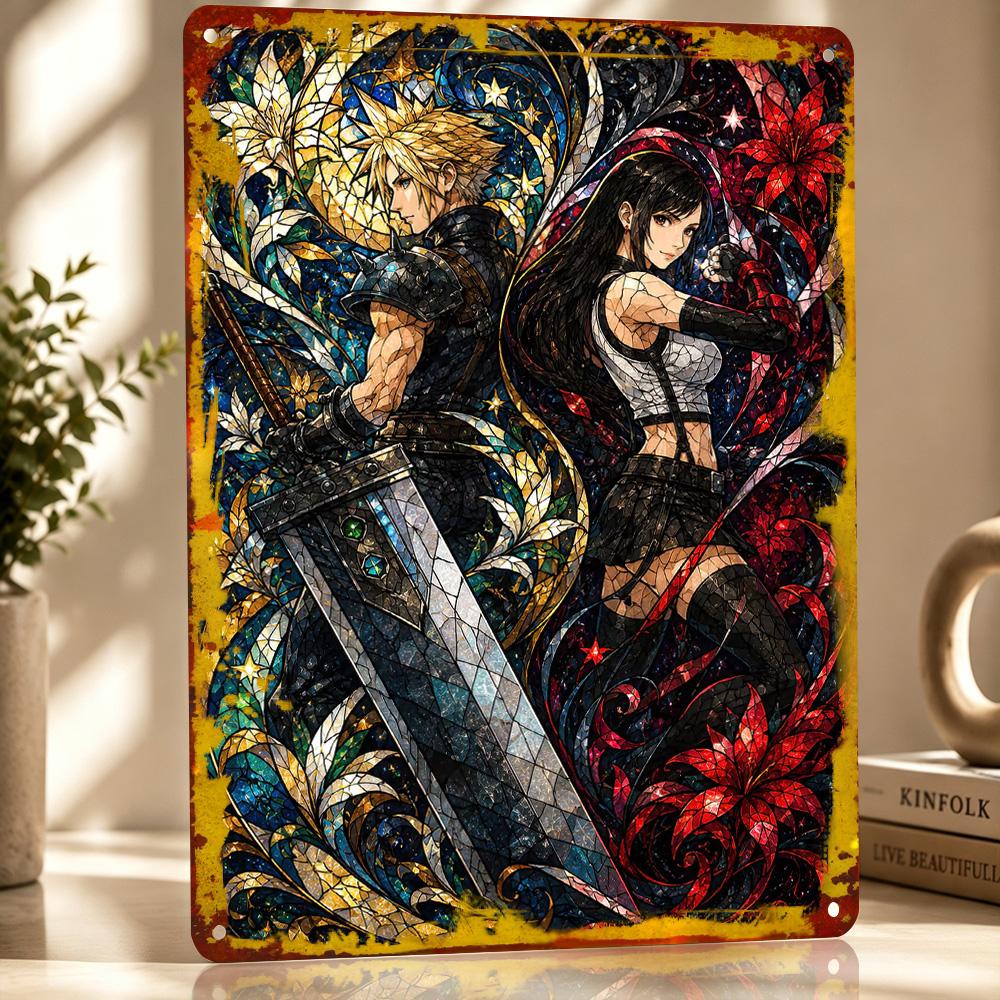 Cloud and Tifa Stained Glass Art D Texture Metal Poster Customized Wall Art Tin Sign Gift for Mancave Funny Signs Wand Deko