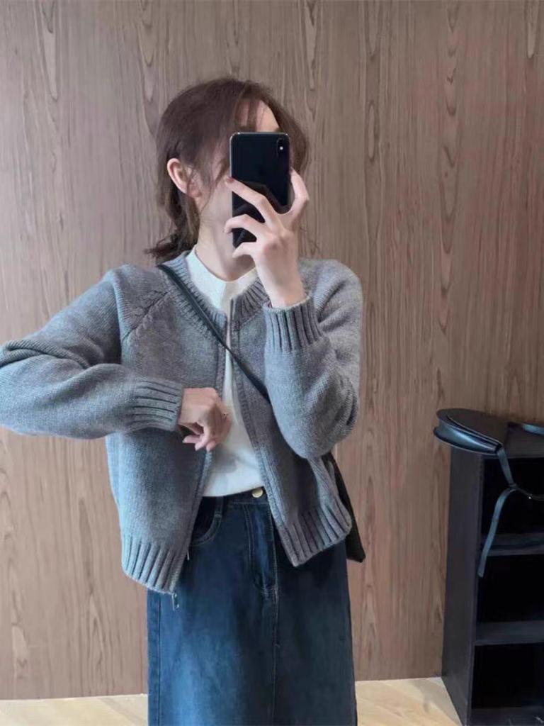 Women's 100% Pure Wool Thickened Raglan Knit Cardigan - New Autumn/Winter Short Cashmere Sweater