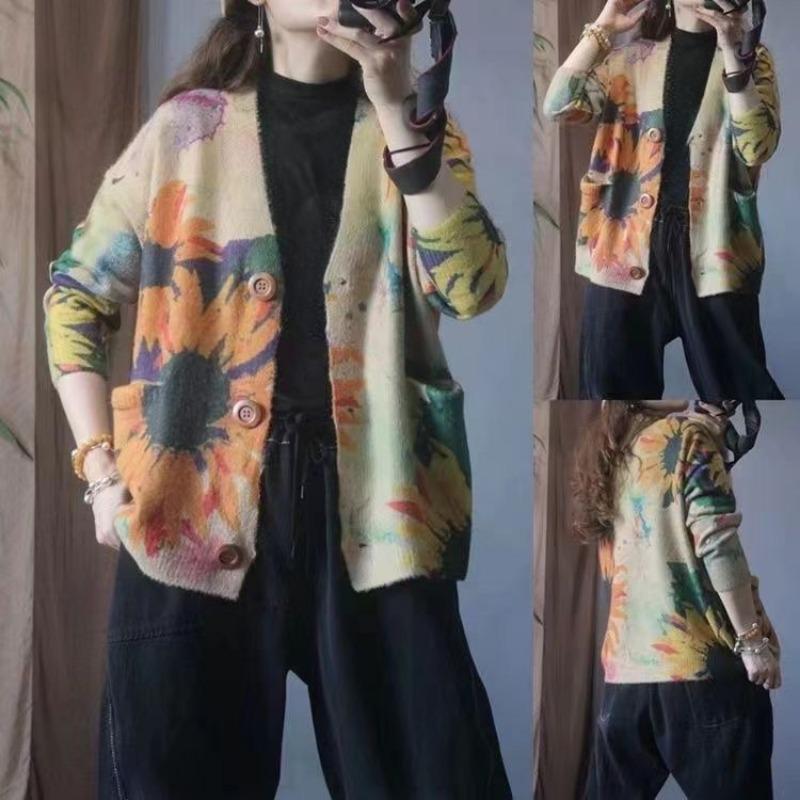 Women's Literary Retro Fall Printing Mink Cardigan Loose Thin Long-sleeved V-neck Knitted Jacket Blouse