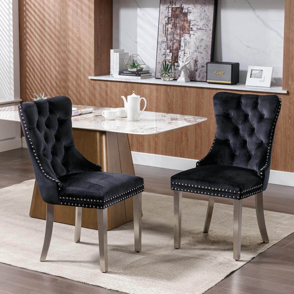 Modern, Tufted Solid Wood Velvet Upholstered Dining Chair with Chrome Stainless Steel Plating Legs,Nailhead Trim,Set of 2,Black and Chrome, DE1701BK