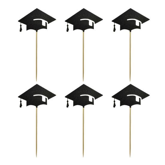 6 Pcs Graduation Cake Toppers Mini Grad Cap Cupcake Toppers Black Glitter Food