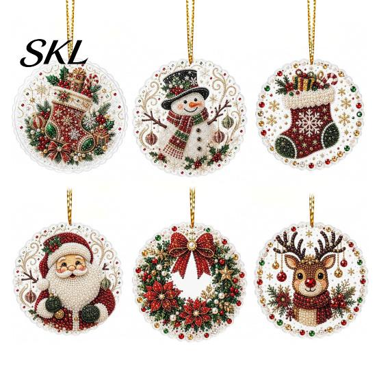 Christmas Door Wall Decor 6 Pcs Pearl Art Ornaments, 2D Flat Acrylic Holiday Tree Pendant, Santa Hanging Ornaments Effect Decoration for Home