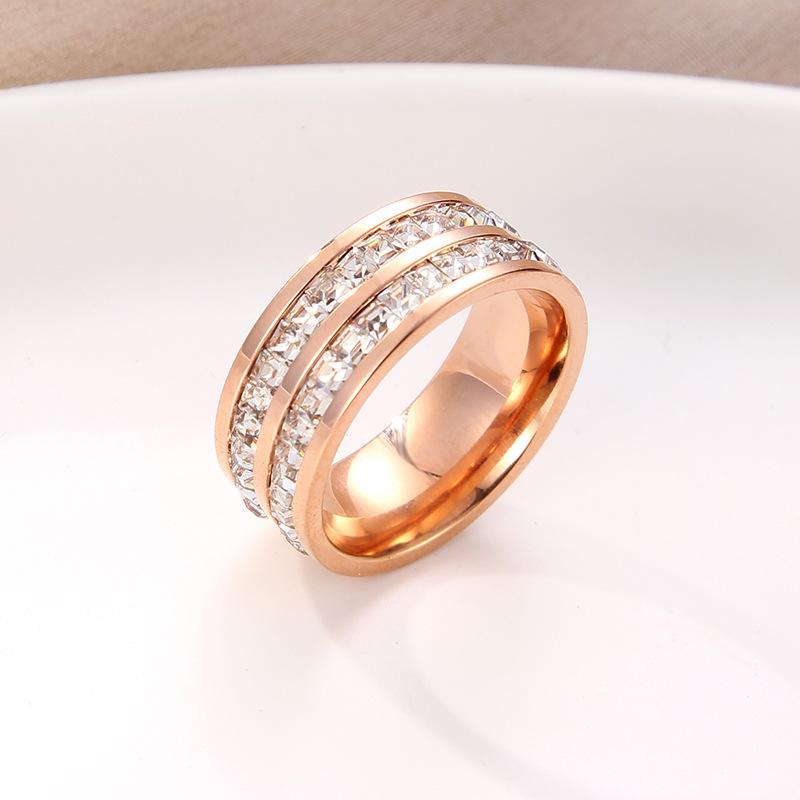 Luxury Rose Gold Color Double Row Square Zircon Stainless Steel Ring for Women Romantic Engageme Wedding Party  Female