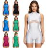Womens Oil Shiny Bodysuit Swimwear Sheer Mesh Patchwork Mock Neck Sleeveless Back Zipper Boxer Bottom