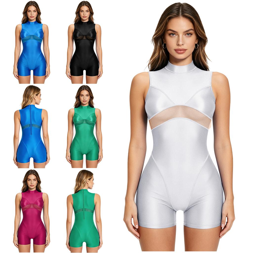 Womens Oil Shiny Bodysuit Swimwear Sheer Mesh Patchwork Mock Neck Sleeveless Back Zipper Boxer Bottom