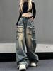 Harajuku 90s Y2k Vintage Baggy Jeans Women Grunge Washed Multiple Pockets Denim Cargo Pants Low Rise Casual Wide Leg Trousers