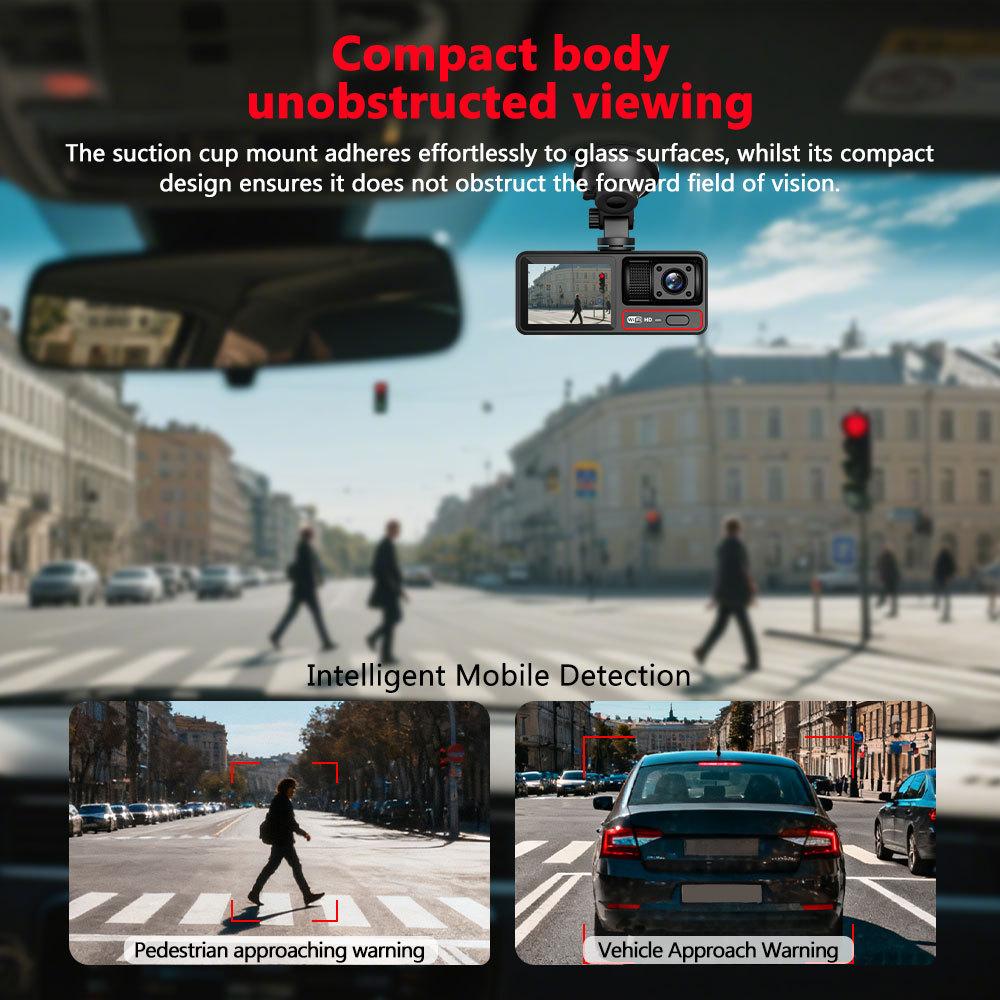 3-Lens Dash Cam, 3-Channel Recording, WiFi, HD, Phone Sync
