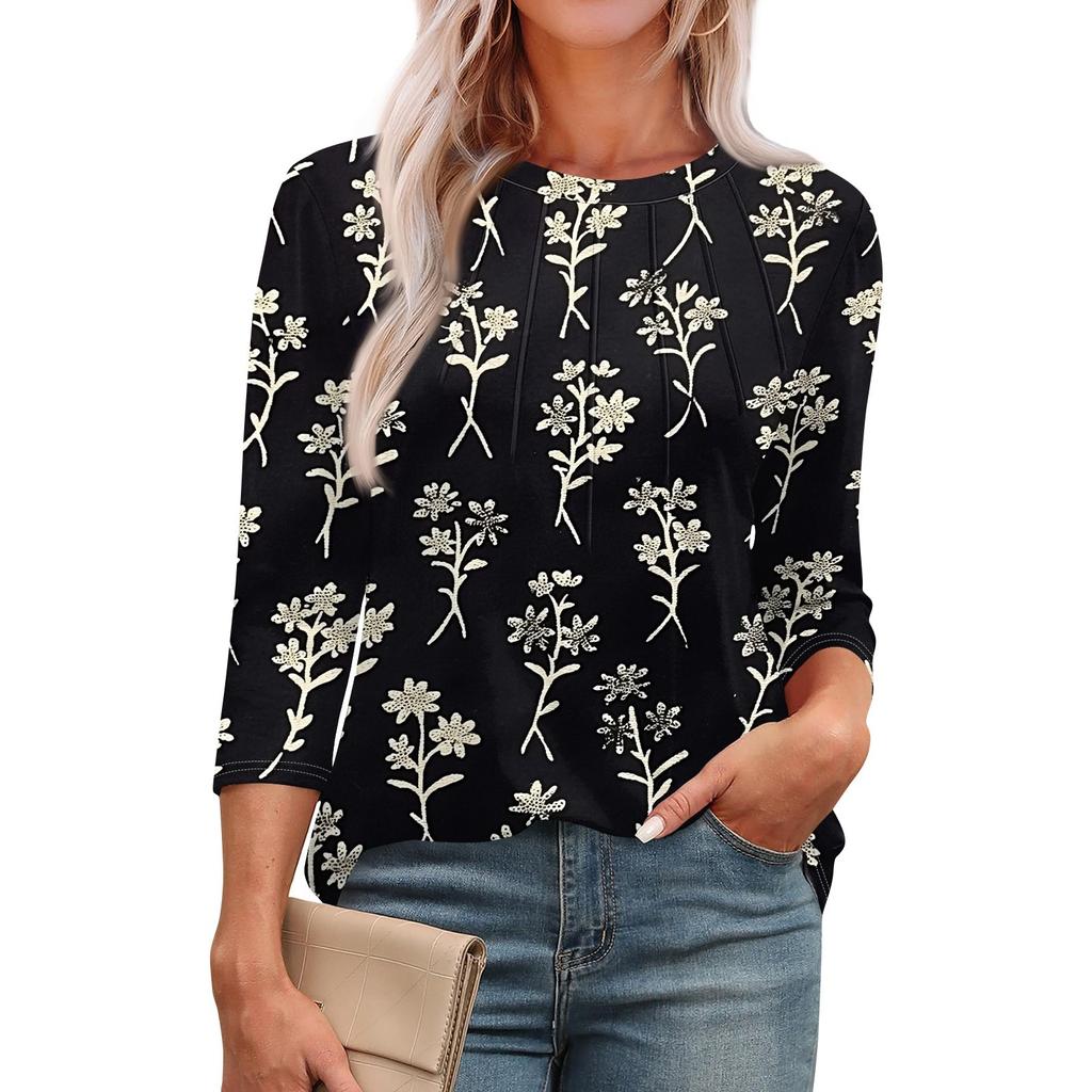 Женская модная повседневная футболка с круглым вырезом и рукавом семь четвертей в стиле ретро с принтом, плиссированная футболка