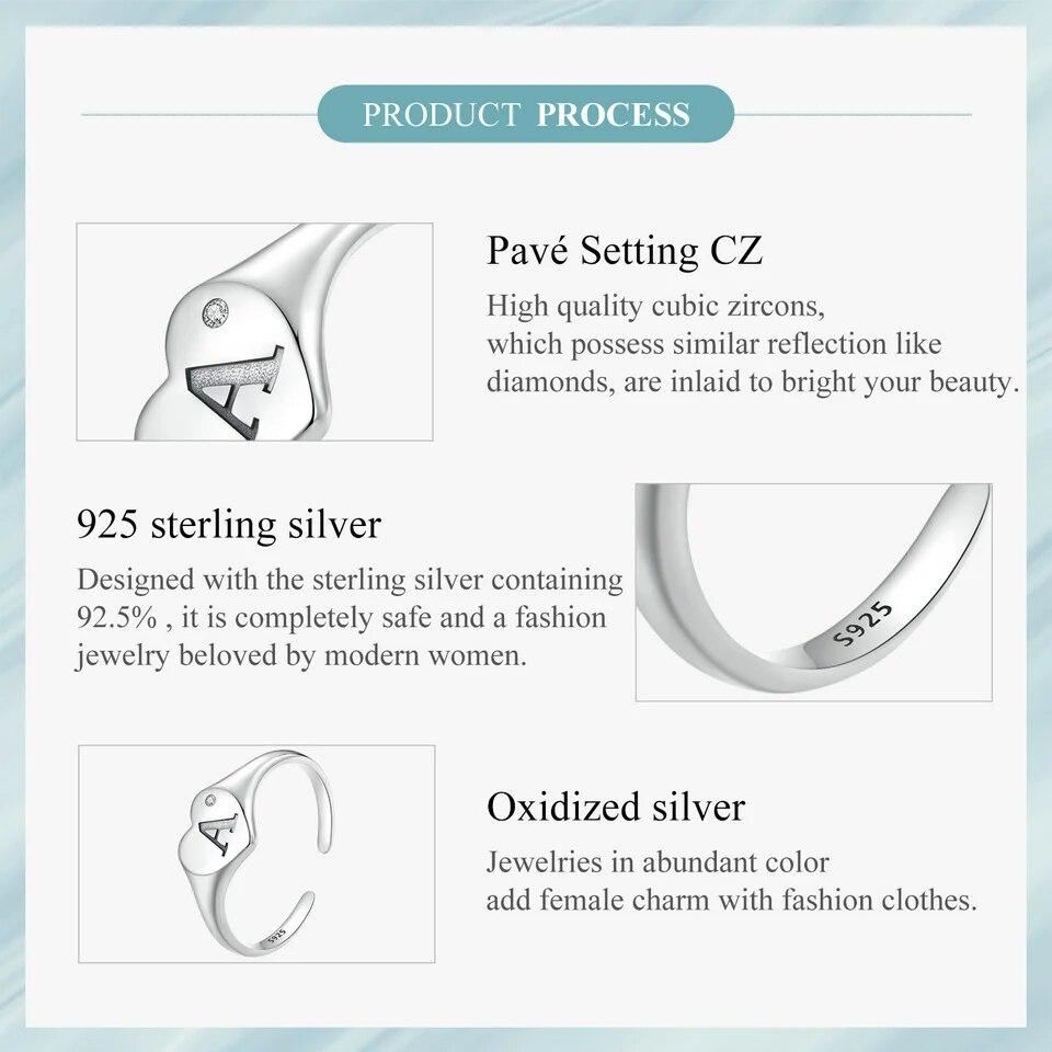WOSTU Solid 925 Sterling Silver Simple A Letter Opening Ring For Women Personality CZ Engrave Finger Stackable Rings Party Gift
