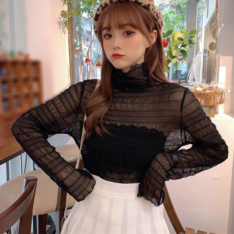 Женская весенняя сексуальная футболка, прозрачная женская водолазка с длинным рукавом, элегантная женская однотонная футболка Femme