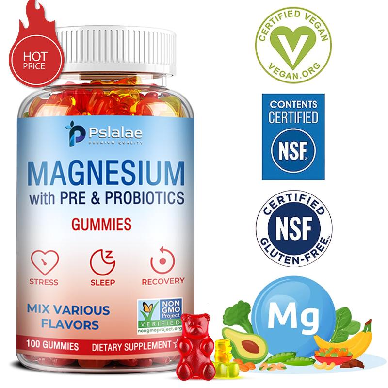 Magnesium citrate gummies, containing a blend of prebiotics and probiotics, 100 gummies per pack, suitable for adults, easily absorbed.
