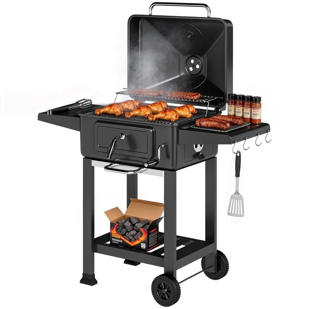 Charcoal Grill BBQ Smoker with Lid Thermometer Height-Adjustable Charcoal Pan Grill Grate Side Table Ash Tray