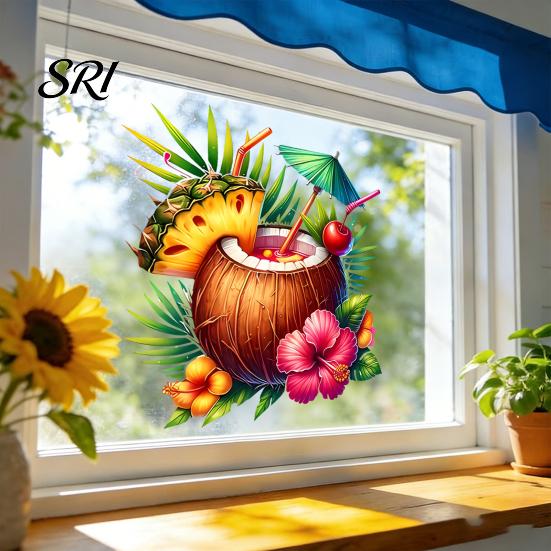 Temporary Window Sticker Summer Beach Cling Reusable Coconut Drink Pineapple Flower Static PVC Wall Removable Hawaiian Tropical Theme Glass Decals for