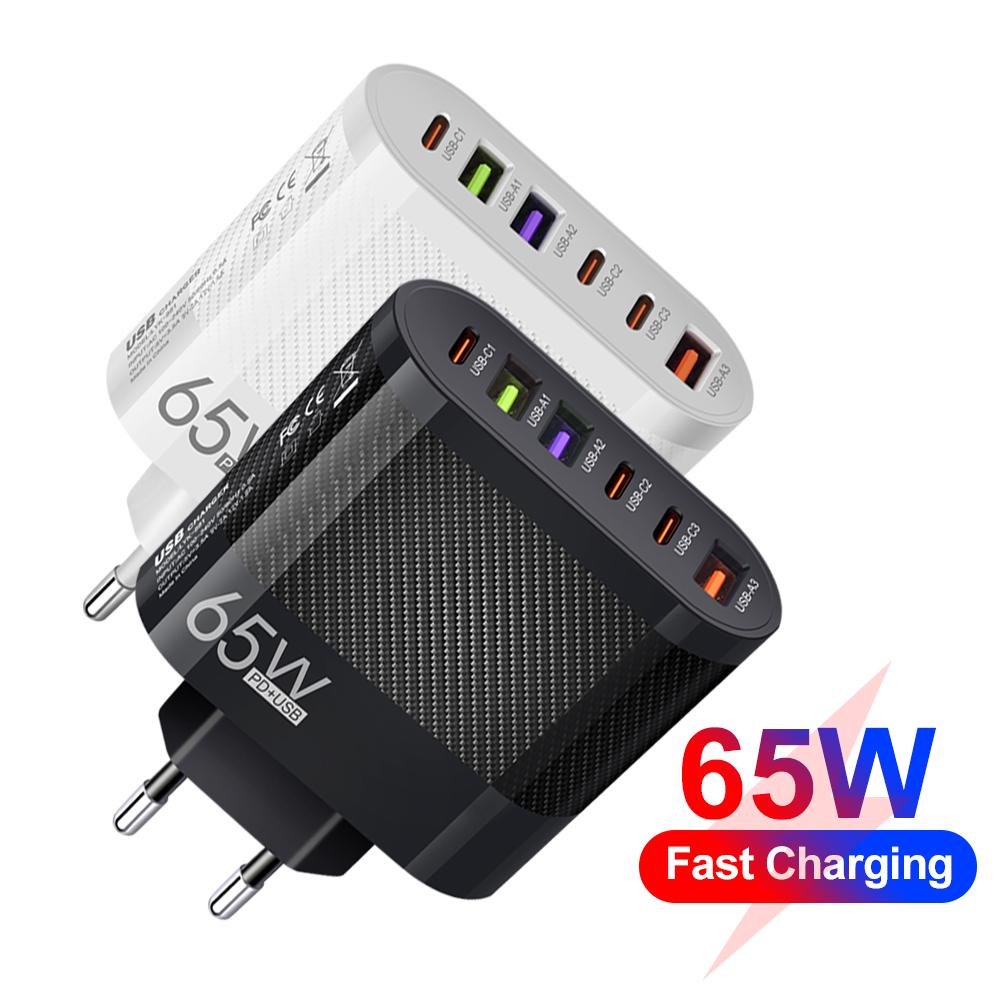 65W 6 Ports 3PD+3USB USB A USB C Wall Charger Mobile Phone FastCharging Adapter For iphone/Samsung Portable Charger