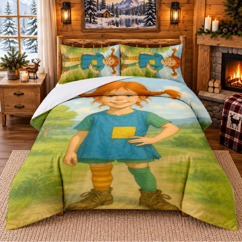 Pippi Longstocking Pattern Bedding 3Pcs Set Bed Sheet And Pillowcases For Indoor Bedroom