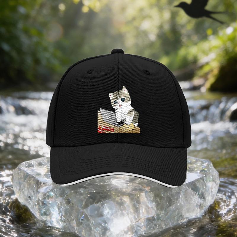 PC Front Cute Cat Pattern Sandwich Cap, Unisex Easy Lightweight Adjustable Outdoor Sun Hat, Ideal Gift for Travel, Parties, Birt