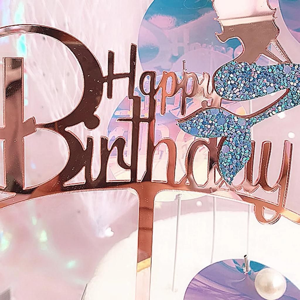 1pc Glitter Mermaid Happy Birthday Cake Mermaid Cake , Under The Sea Themed, Birthday Party Supplies