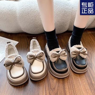 Теплые и бархатные маленькие кожаные туфли для женской зимы, новые с бантом, на толстой подошве, хлопковые туфли-маффины