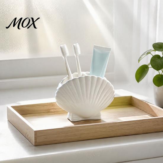 Bathroom Toothbrush Holder Shell Shape for Countertop, 2 Compartments Waterproof No Drill Toiletry Desktop Organizer, Ocean Style & Toothpaste Storage