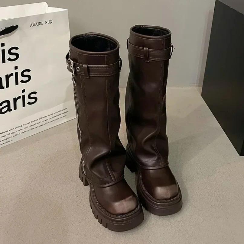 Зимние женские байкерские ботинки, современные ботинки 2024 года, модные женские ботинки с пряжкой на ремне и платформе, длинные ботинки-трубы, повседневные женские ботинки до колена