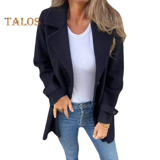 Женское шерстяное пальто с лацканами, длинный рукав, однобортное, средней длины, с боковыми карманами, однотонное, в стиле коммутации, верхняя одежда