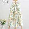 Корейский стиль, весна-лето, женская свежая юбка, эластичная талия, цветочный хлопок, лен, элегантные женские юбки, женские юбки