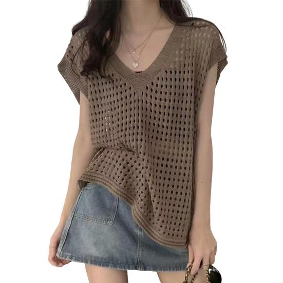 Женские топы с вырезами, V-образным вырезом, без рукавов, вязаные майки, однотонные