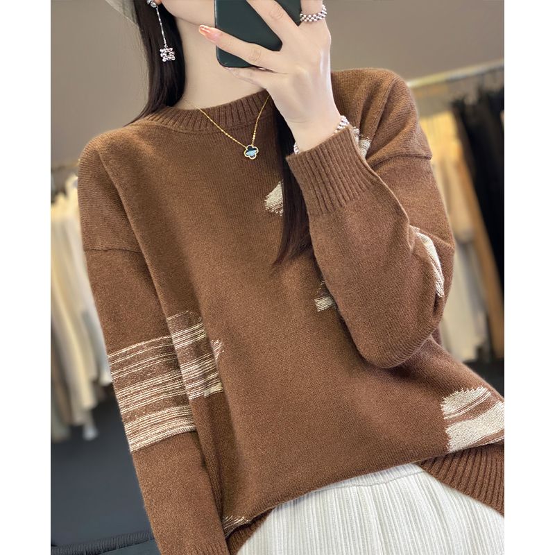 Женский свитер с круглым вырезом, свободный вязаный свитер с цветными блоками для мам на осень и зиму, топ с длинными рукавами