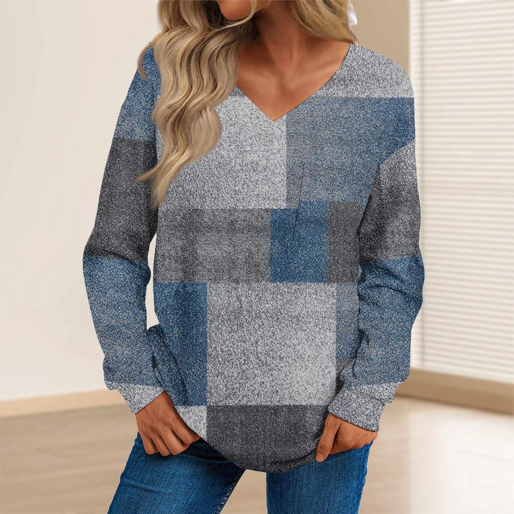 Women's Fashion Casual Long Sleeve Printed V- Neck Sweater Top