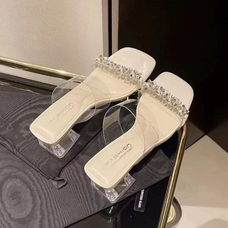 2024 New Hot Selling Square Toe Slippers Casual Summer Women's Shoes Transparent Heel Square Heel Slippers Jelly Low Heel