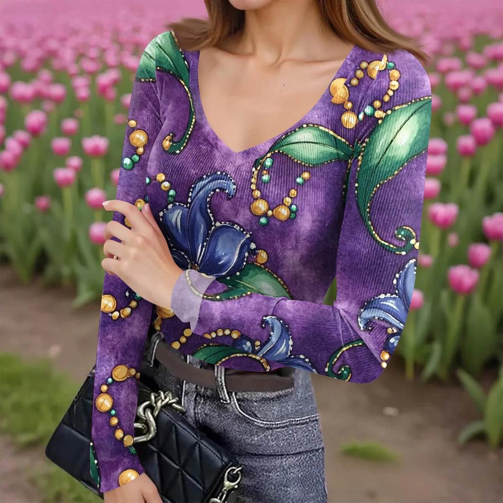 Женская зимняя приталенная футболка-базовый слой, модный принт, V-образный вырез, пуловер, топ с длинным рукавом