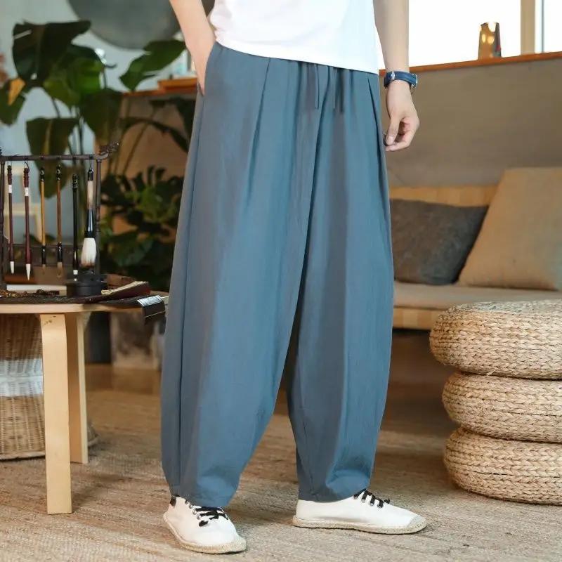 Мужской костюм Hanfu Tang, льняные широкие брюки-фонарики