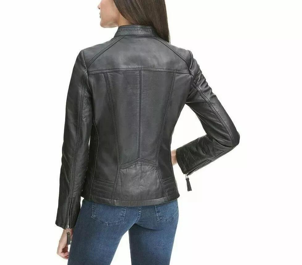 Кожаная Женская Куртка Ручной Работы Черная Натуральная Овчина Стильная Байкерская Мотоциклетная