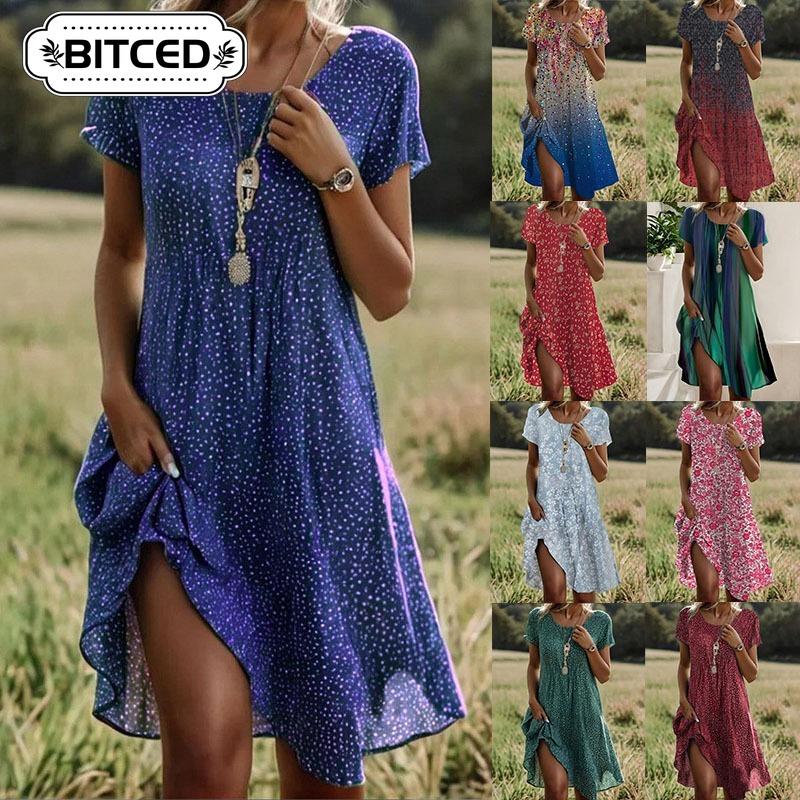 BITCED Модные летние весенние повседневные платья с коротким рукавом и круглым вырезом